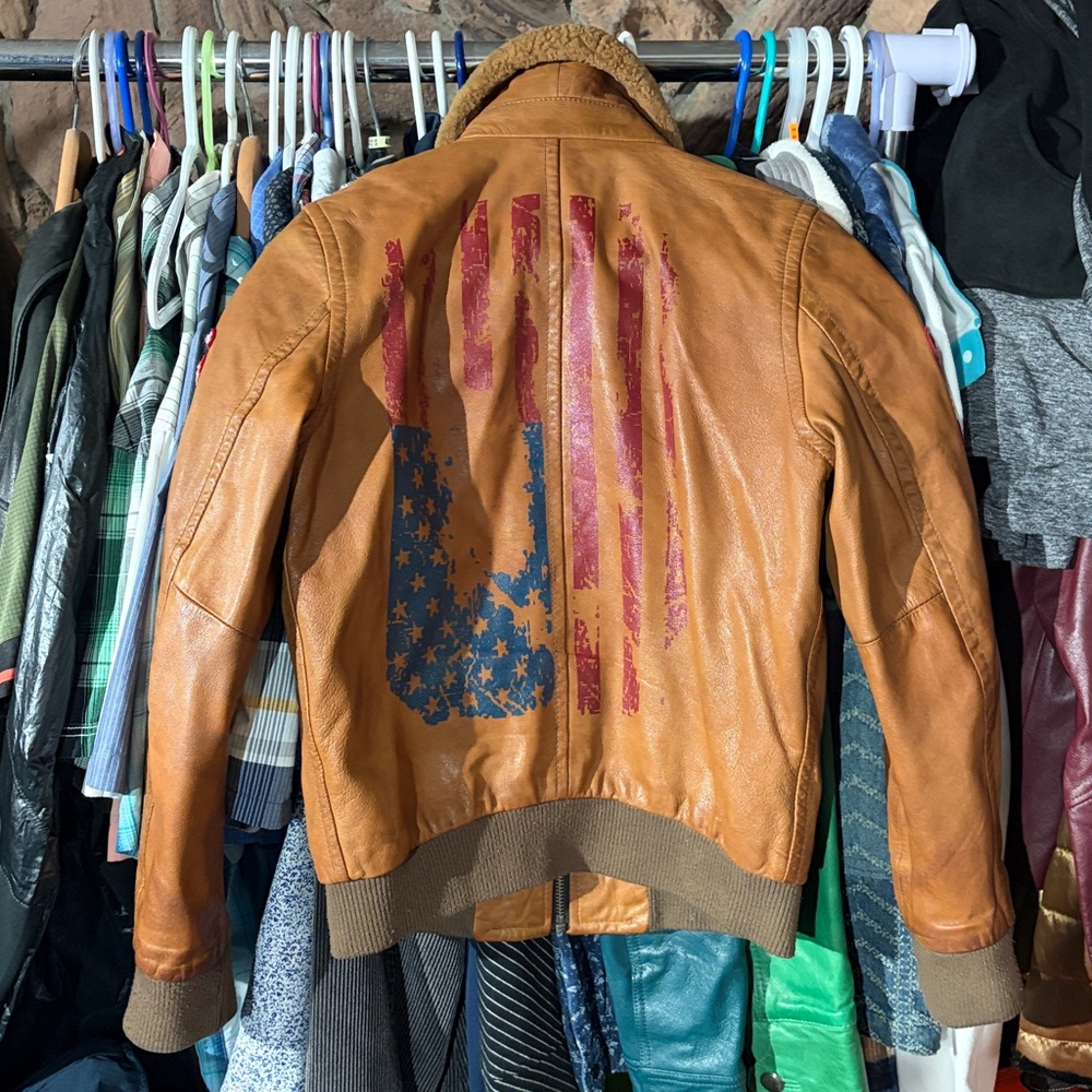 Wilson Tan Leather Bomber Jacket with Patches - Picture 2 of 13
